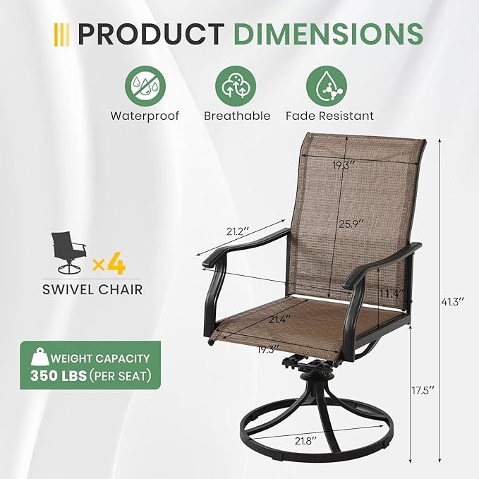 LVUYOYO Patio Swivel Chairs Set of 4, Outdoor Dining Chairs with High Back, All-Weather Rocker Chair with Textilene & Metal Frame for Lawn, Garden, Porch, Backyard (Brown)