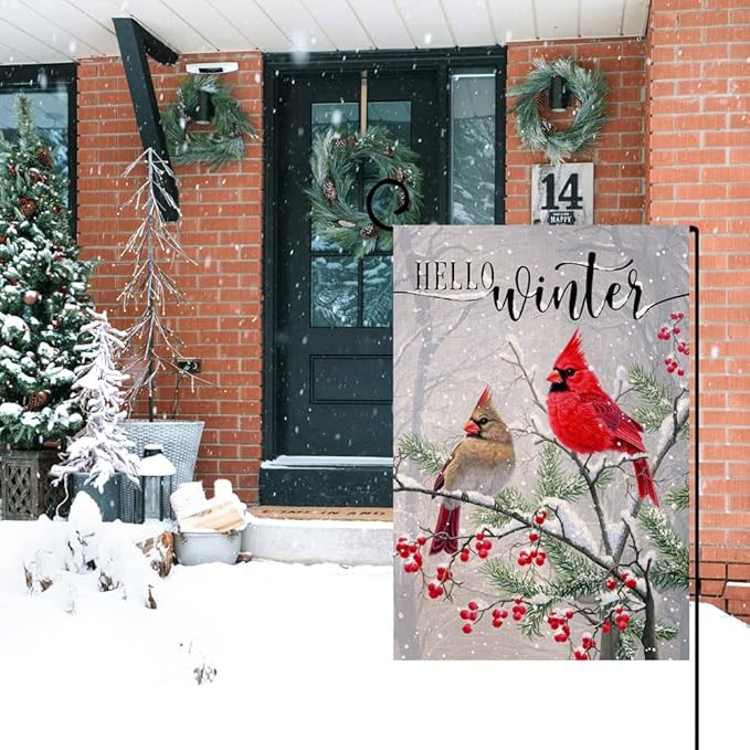 BLKWHT Winter Cardinal Bird Garden Flag 12x18 Vertical Double Sided Farmhouse Trees Snow Christmas Holiday Outside Decorations Burlap Yard Flag BW233