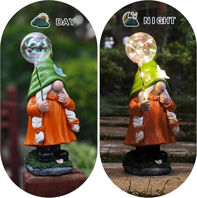 Solar Garden Female Gnome Statue, Detachable Outdoor Garden Decorative Stakes, Resin Statue with Light-Up Butterfly & Bubble Wand, Upgraded 8-10H Lighting, for Yard, Lawn, Flower Bed & Pathway, 10.63"