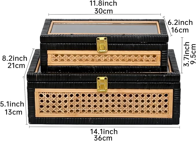 Black Rattan Decorative Storage Boxes with Glass Lids – Set of 2 Cane Weave Display Cases with Solid Wood Base – Nesting Coffee Table Organizer for Remotes, Jewelry & Keepsakes