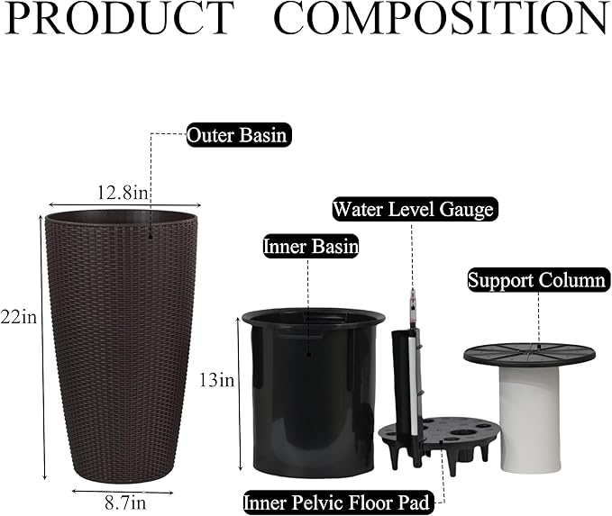 Vigo huseeo 22" Tall Planter Set of 2, Large Self Watering Pots for Indoor/Outdoor Plants with Drain Holes, Water Level Monitor, Inner Bucket for Front Porch Patio, Brown Rattan Conical