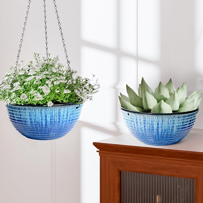 LESOASIS 10inch Hanging Planters for Indoor and Outdoor Plants, 2 Pack Hanging Planter with Drainage Hole, Round Hanging Flower Pots for Garden Home Decor (Blue Glaze)
