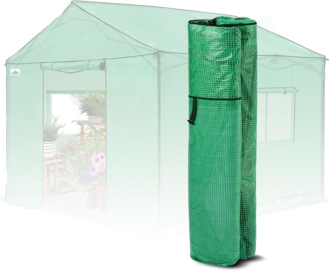 EAGLE PEAK Replacement Cover for 10x10 Gable Roof Pop up Greenhouse, Front and Rear Roll-Up Zipper Entry Doors and 2 Large Roll-Up Side Windows (Frame Not Included), Green