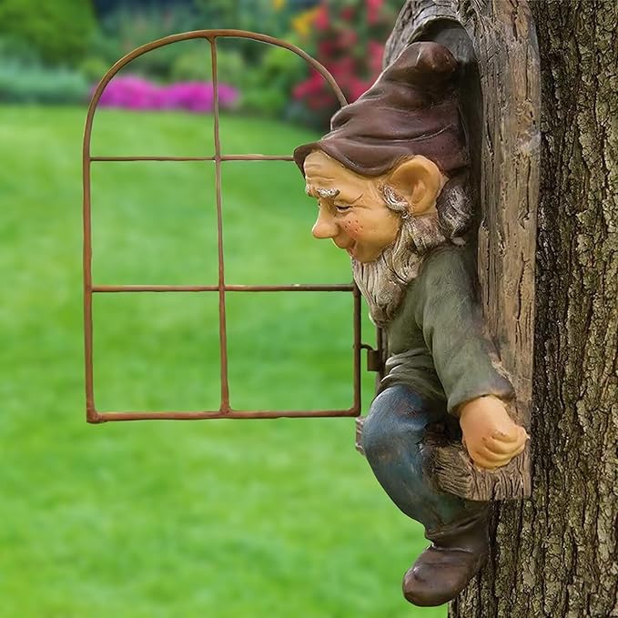 Gnome Statue Yard Decoration Outdoor Ornament, Gnone Tree Face Art Decor Outdoor Fence Peeker Decorations for Patio, Lawn, 12 Inch Elf Out of The Window Garden Decor Sculpture, Gift for Mom