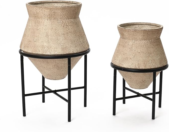 LuxenHome Planters for Indoor Plants, Set of 2 Indoor Plant Pots, Novelty Decorative Planters with Black Metal Stands, Distressed Cachepot Cauldron Large Floor Flower Pot for Home Office, 11 & 16 Inch