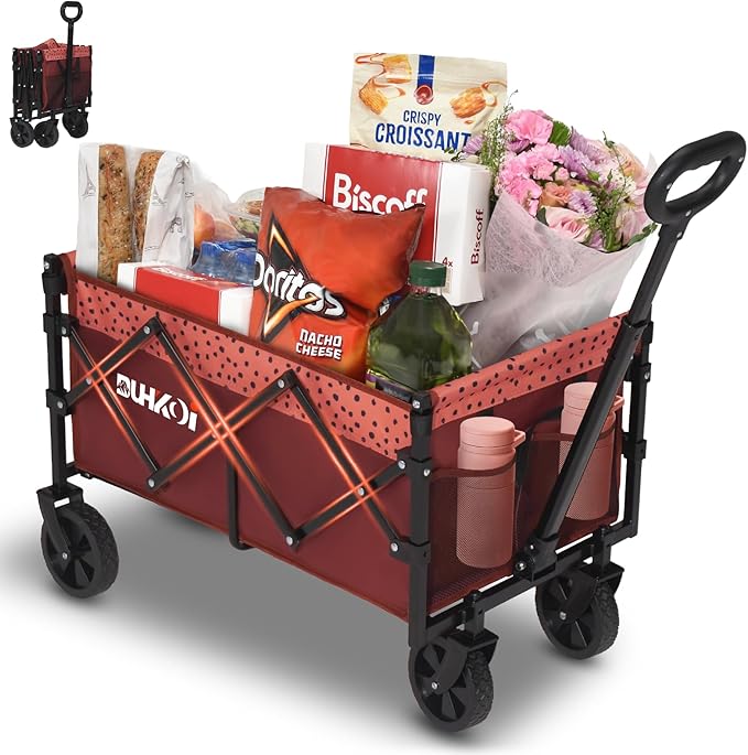 Collapsible Wagon Cart with Wheels Foldable,11 Lbs Lightweight Portable Folding Utility Wagon,90 L Heavy Duty Grocery Shopping Carts,Versatile for Garden Sports Camping Outdoor Use (Brick Dot)