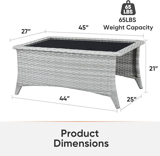 Outdoor Coffee Table - Patio Rattan Wicker Coffee Table with Tempered Glass Top Outdoor Table for Deck Porch Balcony Garden - Light Grey