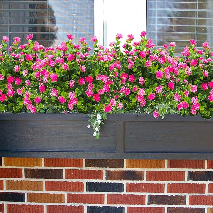 Grunyia Artificial Flowers, Fake Outdoor UV Resistant Plants Faux Plastic Greenery Shrubs Indoor Outside Hanging Planter Home Kitchen Office Wedding, Garden Decor (Pink)