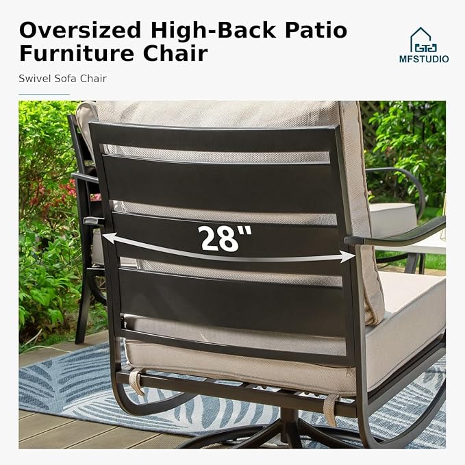 MFSTUDIO Metal Patio Conversation Sets, Outdoor Furniture Sofas Set of 2, 2 Pieces Durable Steel Frame Patio Swivel Chairs with 5.8" Beige Cushions for Patio Garden Backyard Balcony