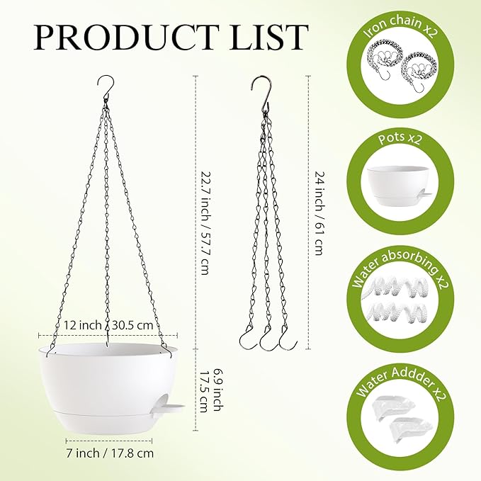 SQKH 12 Inch Hanging Baskets 2 PC with Chains, Self-Watering Hanging Planters for Indoor Outdoor Plants, Plastic Hanging Flower Pots,White