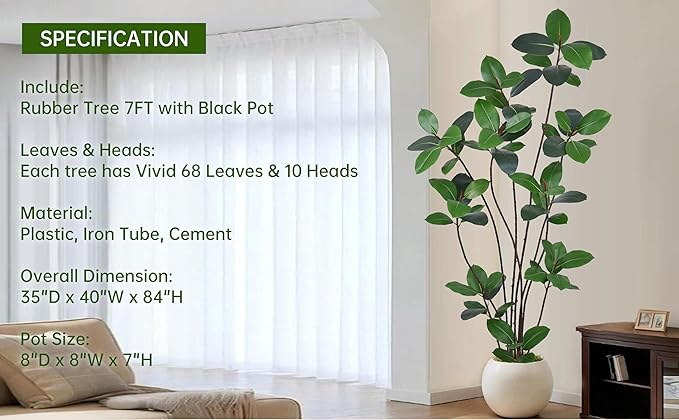 Artificial Green Rubber Tree 7FT with 68 Glossy Leaves & 10 Heads & Black Pot Lifelike Tall Large Faux Tropical Ficus Elastica Plant 84 Inch for Indoor Home Office Store Corner Modern Decor
