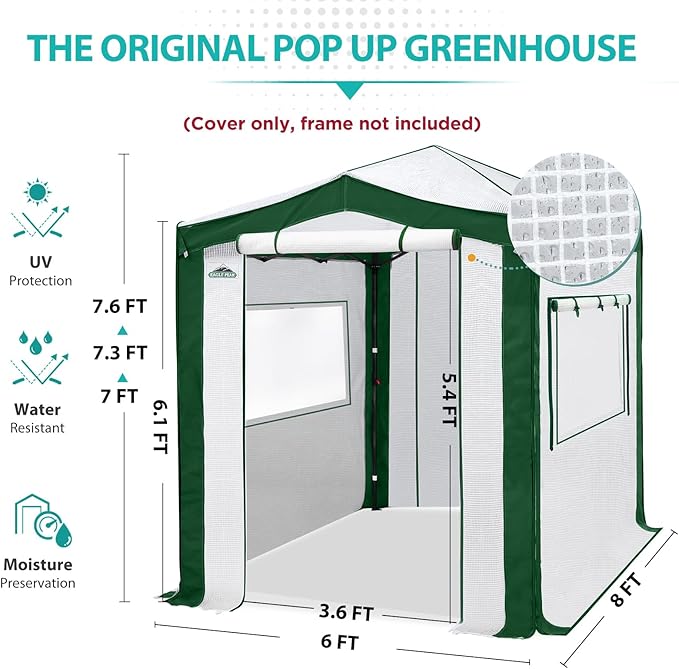 EAGLE PEAK Replacement Cover for 8x6 Pop up Greenhouse with Polyester Reinforced Corners, Front and Rear Roll-Up Zipper Entry Doors and 2 Roll-Up Side Windows (Frame Not Included), Green/White