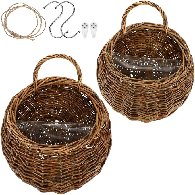 Yardwe Wicker Planter Wall Hanging Flower Pot Set - Rattan Hanging Basket for Indoor Outdoor Garden Decor 2 Pieces 4.7X10.5X4.7 Inches