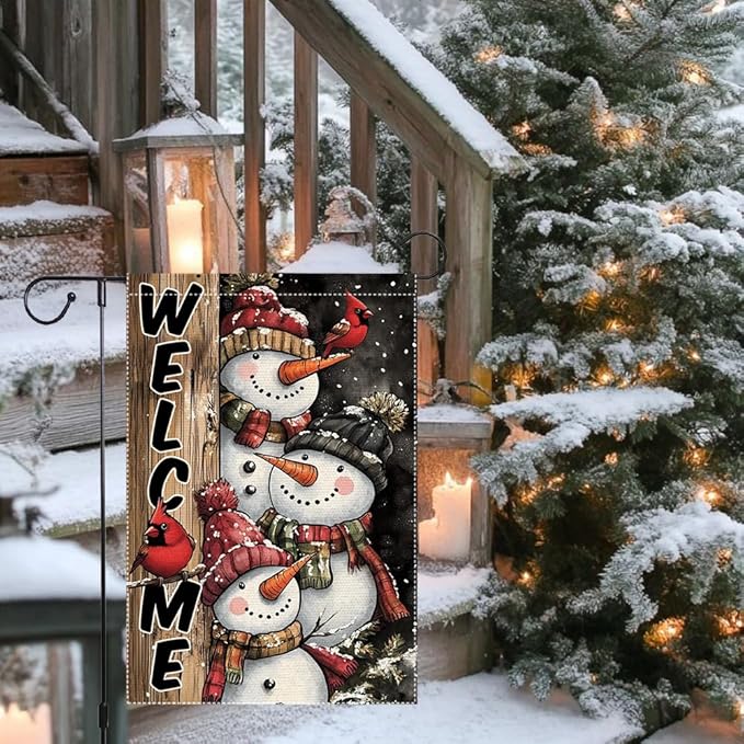 Winter Snowman Family Garden Flag Double Sided 12x18 Inch Small Burlap Outdoor Yard Decoration Holiday Welcome Banner with Cardinals
