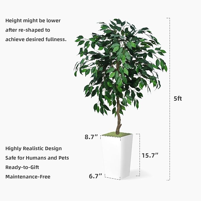 ASTIDY Artificial Ficus Tree 5FT - Faux Indoor Tree with Gray Tall Planter - Fake Ficus Floor Plant Potted - Artificial Silk Tree for Home Office Living Room Decor Indoor