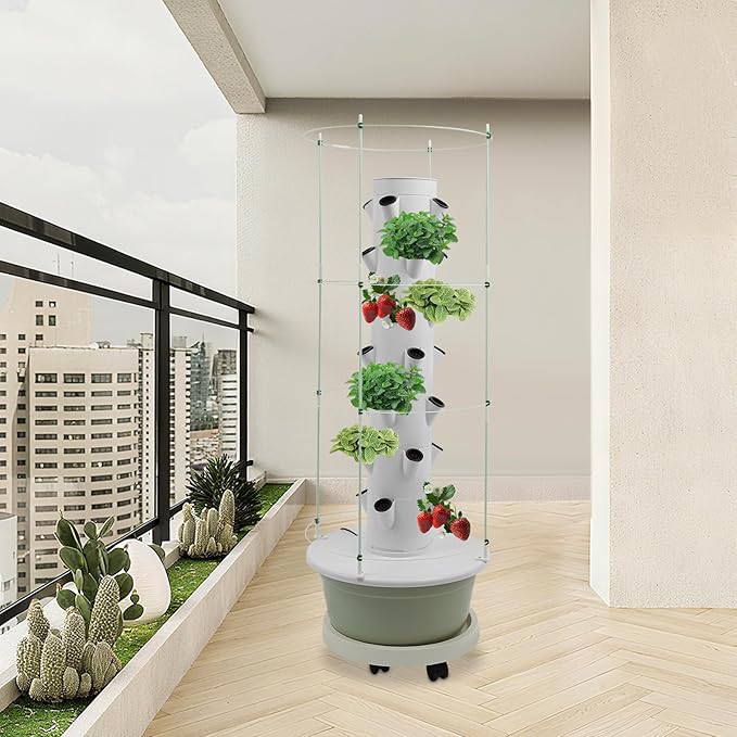 Hydroponics Growing System, 28-Plants Indoor Hydroponic Tower with Pump System, Timer, Climbing Trellis, Vertical Garden Planter with Wheels, Hydroponic Germination Kit for Gardening Lover