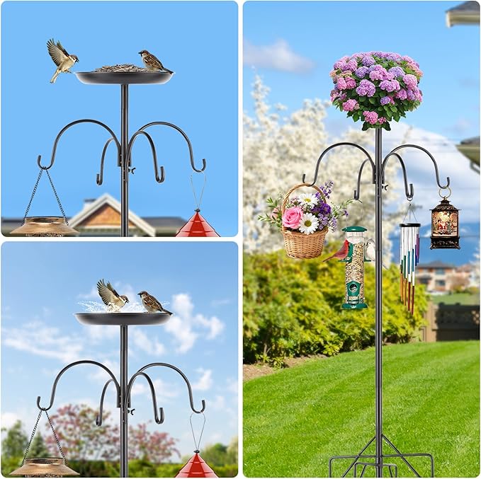 Eyrizon 4-Hook Shepards Hooks for Outdoor,90 Inch Bird Feeder Pole with 5 Prongs Base|Metal Tray&Birdhouse Platform,Heavy Duty Garden Hooks for Hanging Plant Baskets,Solar Light Lanterns,Wind Chimes