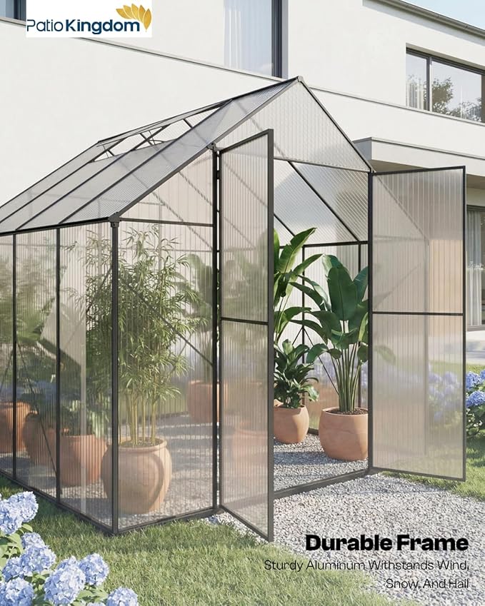 6x10 FT Greenhouse, Outdoor Greenhouse with Aluminum Frame, Polycarbonate Greenhouse for Outdoors with Roof Vent, Walk in Greenhouse for Outside Garden Backyard, Patio, Lawn (Black)