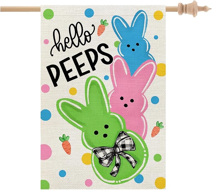 CROWNED BEAUTY Easter House Flag Peeps Bunny 28x40 Inch Double Sided Large Holiday Welcome Decoration for Outside Yard