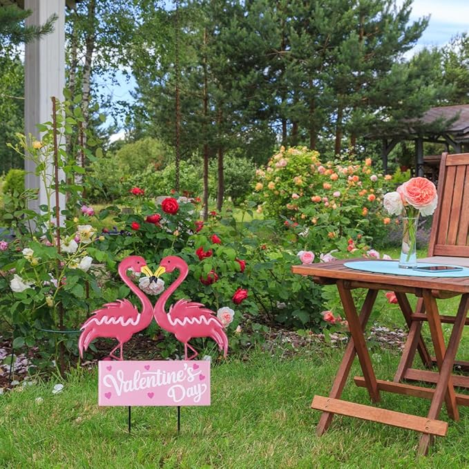 hogardeck Valentines Day Decorations Outdoor, Metal Flamingos Decorative Garden Stakes for Valentines Decor, Valentine's Day Yard Sign for Home Outside Lawn Porch Anniversary Wedding Party