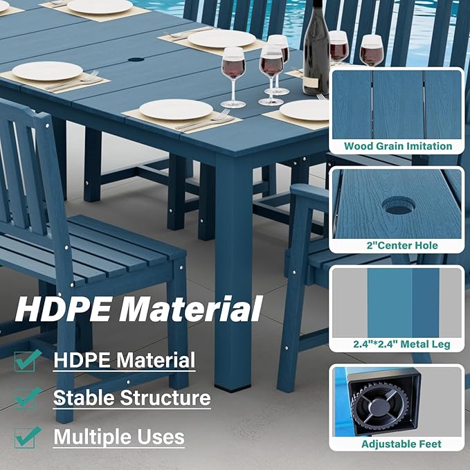 9-Piece Patio Dining Set, Outdoor Dining Set for 8, HDPE All-Weather Outdoor Furniture with 75.20” Umbrella Hole Table, 2 Armchairs & 6 Armless Chairs, Navy
