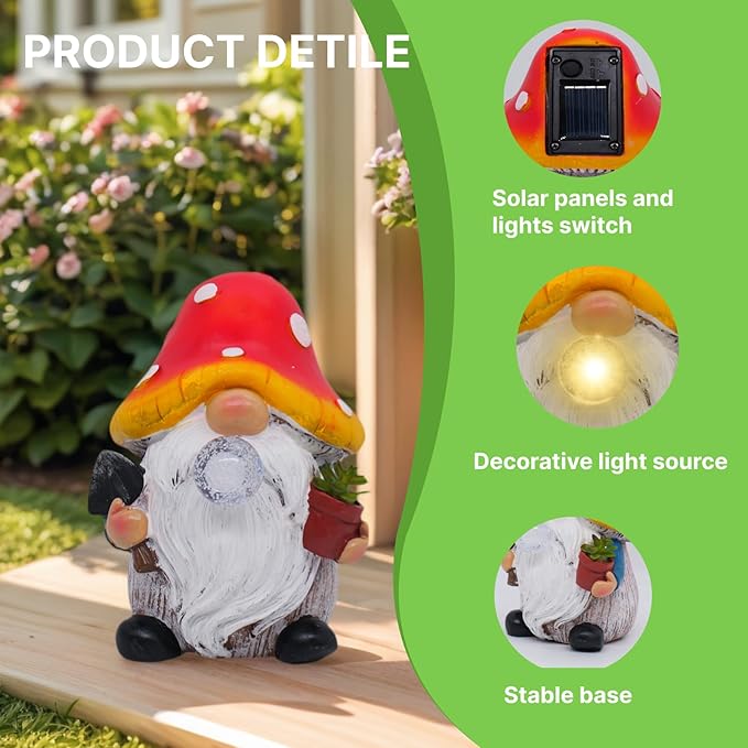 Lnzhauscia Garden Gnome Statues Decor with Solar Lights, Outdoor Decorations for Yard Porch Lawn Balcony Patio, Housewarming Gifts
