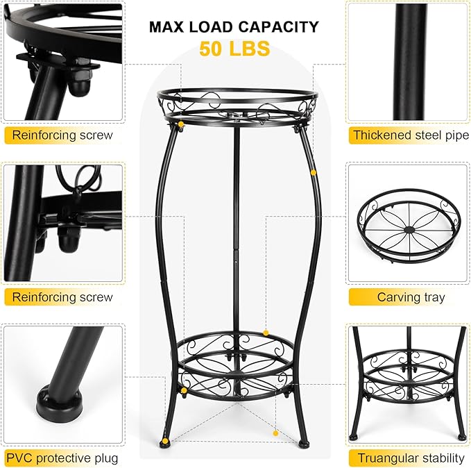 Gynyinly 2 Tier Rustproof Iron Plant Stand - Heavy Duty Outdoor Plant Stands For Patio, Balcony Or Garden Or Planter Corner - Plant Stand Indoor (Black)