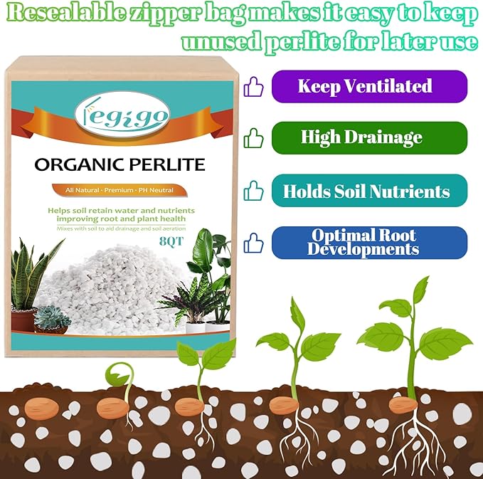 Legigo 8 Quarts Organic Horticultural Perlite for Plants Indoor- Natural Horticultural Soil Additive Conditioner Mix for Improves Drainage, Ventilation and Root Growth