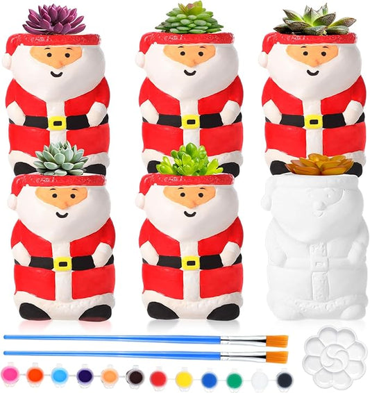 Pasimy 6 Set Ceramics to Paint DIY Ceramic Succulent Planter Pots Paint Your Own Flower Pots Craft Kit Unpainted Bisque Flowerpot with Brush Palette for Family Activity Holiday Gifts(Santa)