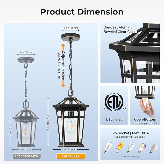 VIANIS Large Outdoor Pendant Light with Adjustable Chain, Black Hanging Lights with Gold Trim, Aluminum Outdoor Chandelier for Porch with Tempered Glass, Hanging Lighting for House, Doorway, Entryway