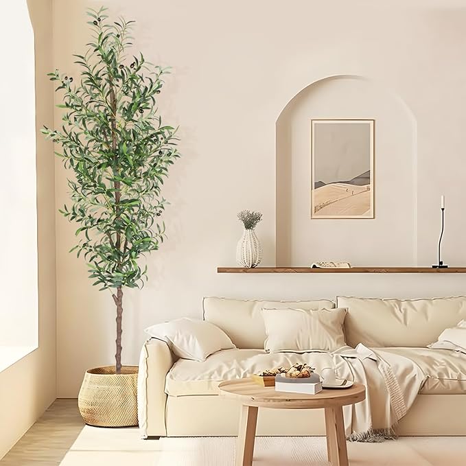 Artificial Olive Tree, 8FT Tall Faux Olive Trees 96in Outdoor Fake Potted Silk Plant with Trunk and Realistic 1574 Leaves and 48 Fruits for Modern Office Home Decor Indoor（1pack）