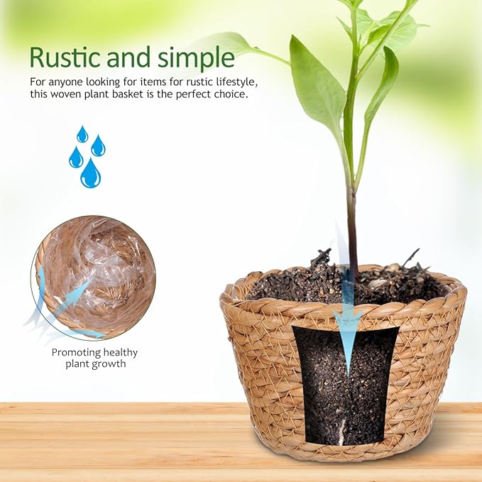 Alipis Seagrass Planter Basket: 5.11" Mini Woven Flower Pots with Leak-Proof Liner - Rattan Storage Basket Plant Container for Indoor Outdoor Garden Home Office Decor