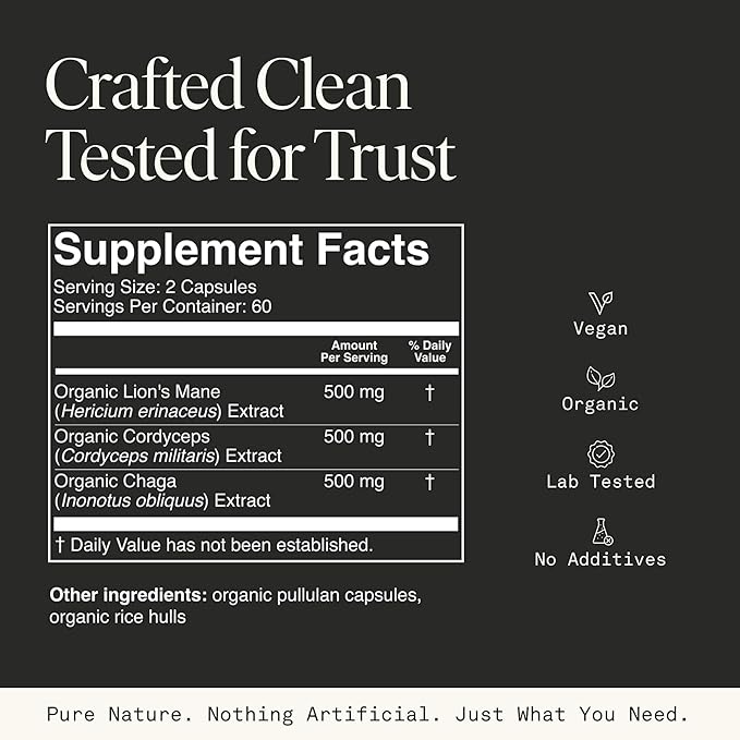 Fantastic Fungi Lions Mane Mushroom, Cordyceps Mushroom & Chaga Supplement - Focus, Energy & Brain Support Adaptogenic Capsules - 100% USDA Organic Complex, Vegan, 120 Capsules (2-Month Supply)