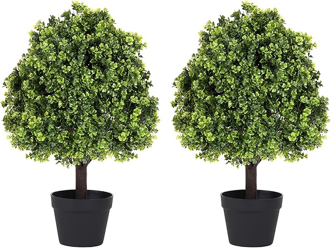 Azoco 27“ Realistic Artificial Boxwood Topiary Trees Set of 2, Faux Boxwood Plants Outdoor UV-Resistant, No Maintenance Curb Appeal Fake Evergreen Bushes & Shrubs for Front Porch Outside Planter Decor
