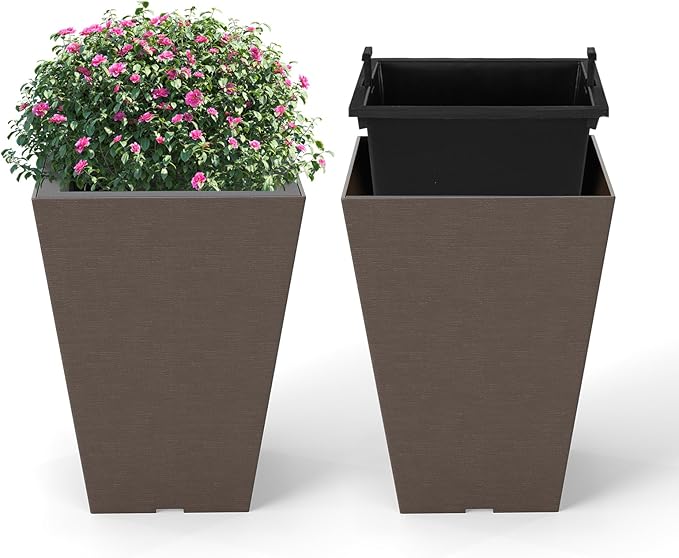 Giantex Square Taper Planter Set of 2, Self-Watering Flower Pots with/Removable Inner Bucket & Drainage Holes, Indoor Outdoor Decorative Plant Container for Porch Balcony (Brown,10"x10"x14")