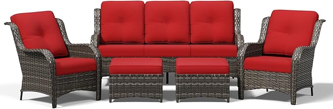 Joyside 5 Piece Wicker Patio Furniture Set, Rattan Patio Chairs with High Back, Deep Seating, Wide Armrest, Thickened Cushions, Outdoor Furniture for Deck, Porch Use