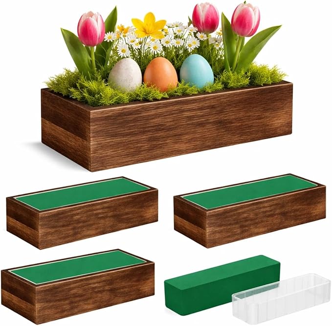 Dandat 4 Set Wood Boxes for Centerpieces 12x4 Inch Rectangle Wooden Planter Box Rustic Wood Planter with Removable Plastic Liner Floral Foam Blocks for Centerpieces Home Wedding Garden Decor