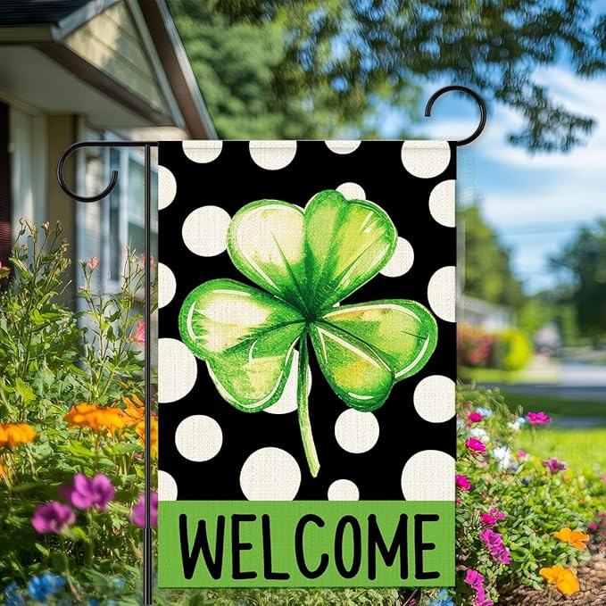 St Patricks Day Welcome Garden Flag 12x18 Inch Double Sided,Shamrock Polka Dots Outdoor Irish Decor House Porch Flag for St Patrick's Day Party and Yard Decorations