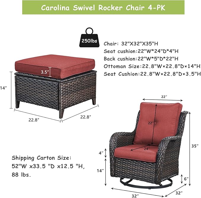 Rilyson Wicker Patio Furniture Set - 4 Piece Rattan Outdoor Sectional Conversation Sets with 2 Swivel Rocking Chairs,2 Ottomans for Porch Deck Garden(Brown/Red)