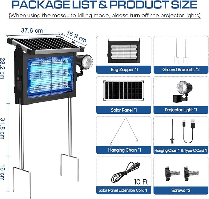 Solar Bug Zapper Outdoor with Projector Lights, 4500V Waterproof Mosquito Zapper, Dual Solar & USB Rechargeable, Smart Dusk to Dawn, Cordless Insect Killer for Patio, Garden, Backyard, Camping
