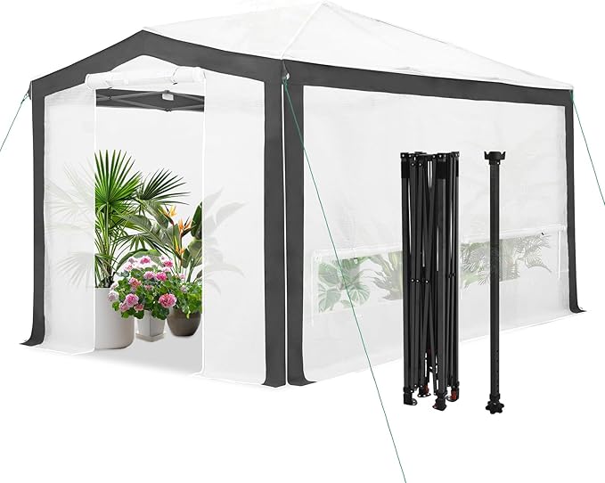 EAGLE PEAK 12x8 Portable Walk in Greenhouse with Polyester Reinforced Corners, Instant Pop up Indoor Outdoor Gardening Green House, Roll Up Zipper Doors Mesh Windows & Winter Support Pole, Gray/White