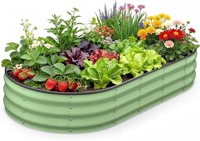 Galvanized Raised Garden Bed, Oval Planter Raised Bed 6x3x1ft Metal Raised Garden Bed Outdoor for Growing Vegetables, Flowers, Herbs, Metal Planter Box for Yard, Patios, Balconies(Fruit Green)
