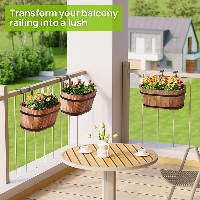 Wooden Hanging Planter for Railing Fence Outdoor Planter Railing Planter Boxes for Plants Wall Planters Window Flower Box Hanging Bucket Pots Countryside Plant Holder (Brown,2pcs,Large)