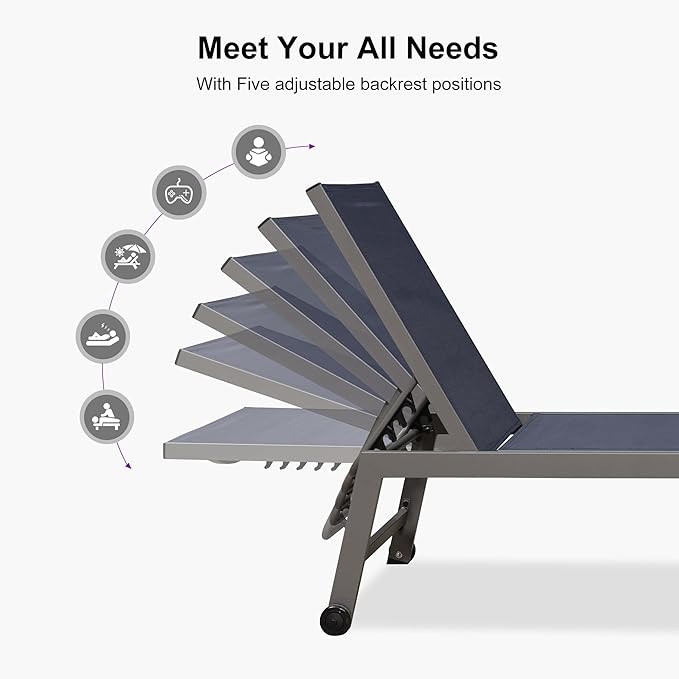 PURPLE LEAF Outdoor Lounge Chair Set for 2 Aluminum Patio Chaise Lounger with Easy-to-Move Wheels and Adjustable Backrest Pool Reclining Lounge Chairs for Beach Yard Poolside Table Included, Navy Blue