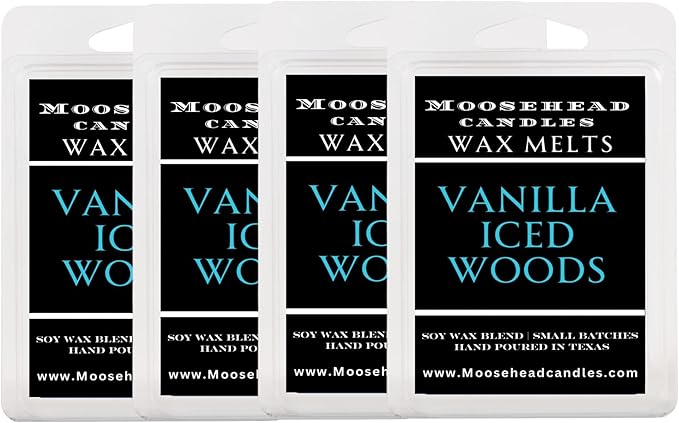 Moosehead candles Iced Vanilla Woods Wax Melts – 4 Pack Soy Wax Melts for Warmers | Vanilla, Cedarwood & Sandalwood Blend | Long Lasting Fragrance | Pet Safe & Handmade in US