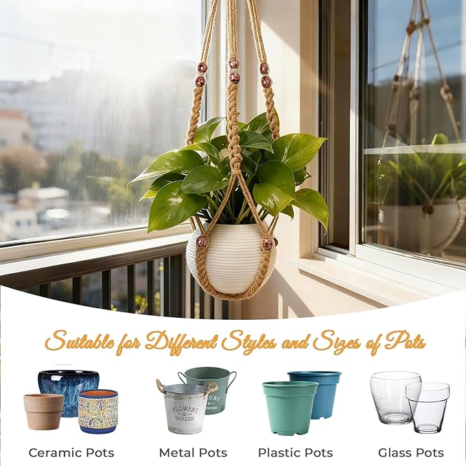 HOREAKHJ 35 Inch Macrame Plant Hanger, Large for up to 15 Inch Pot Extra Long Hanging Planter Holder Basket with Wood Beads for Indoor Outdoor Home Decor (Brown, 2-Pack)