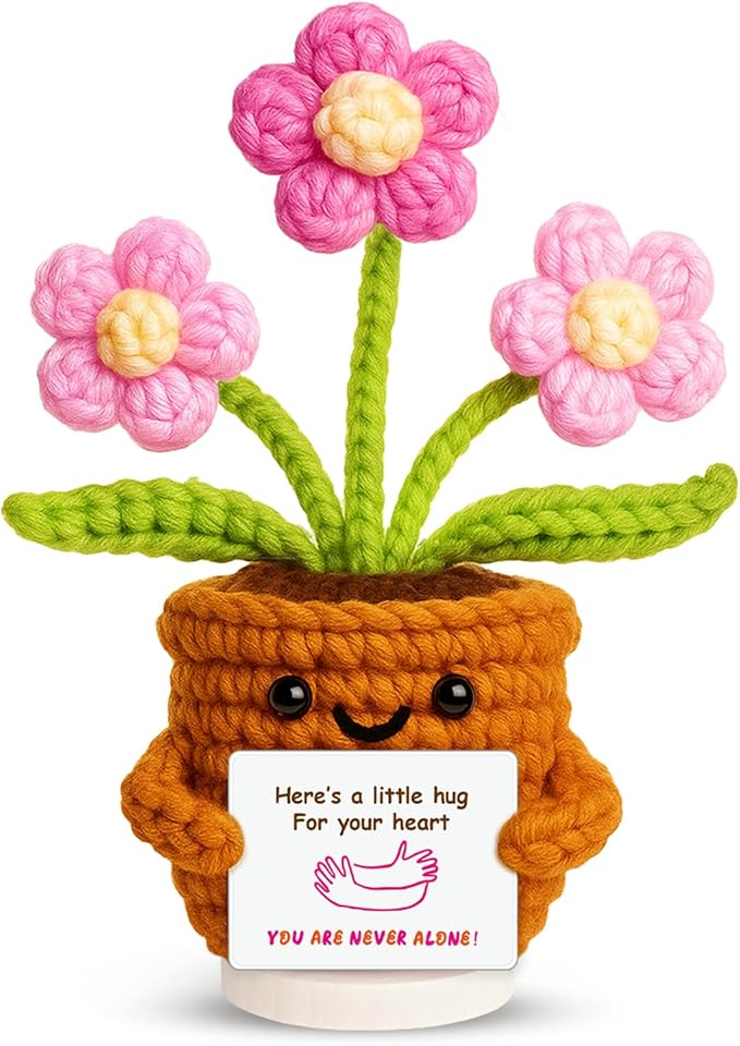 penzoos Emotional Support Plant, Handmade Crochet Potted Flower with Inspirational Message Card, Pink Petal Knitted Daisy, Stress Relief Gift for Christmas, Friends, Family, and Coworkers
