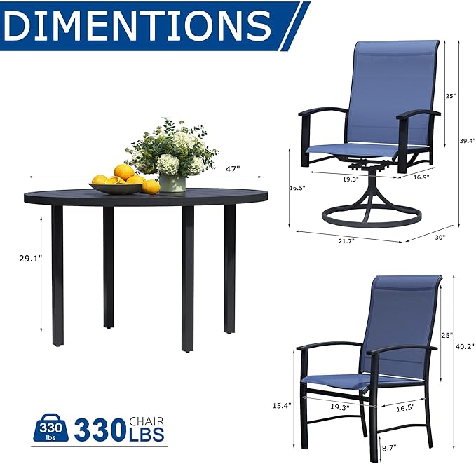 7 Pieces Outdoor Table and Chairs for 6, 47" Black Round Table with 2 Blue Swivel and 4 Big Chairs, Patio Dining Set with Swivel Chair