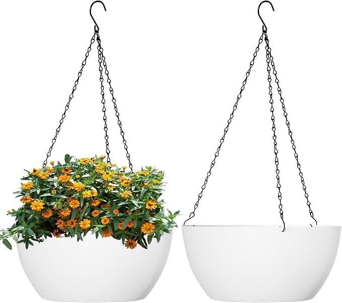 WSMKSZ 13 inch Large Hanging Planters Plant Pots for Outdoor Indoor Plants with Drainage Holes and Chain, 2 Pack Round Hanging Flower Pots for Garden Home Porch Decor, White