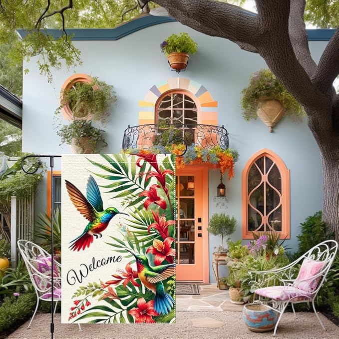 Welcome Hummingbird Garden Flag 12x18 Inch Burlap Double Sided Seasonal Colorful Floral Outdoor Home Yard Lawn Rustic Farmhouse Spring Summer Flags
